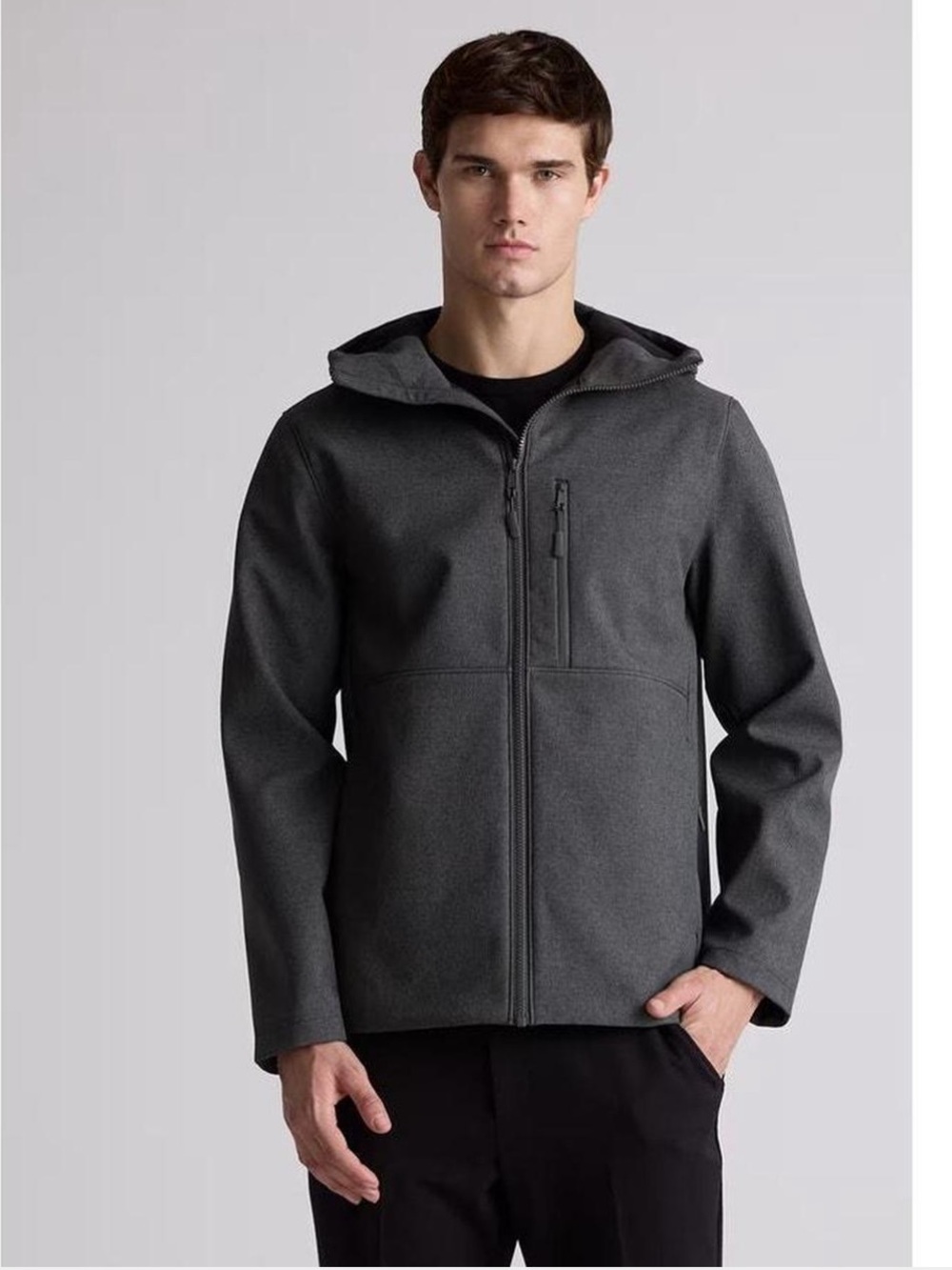 Quince Men's Softshell Fleece-Lined Full-Zip Hooded Charcoal Jacket NWT